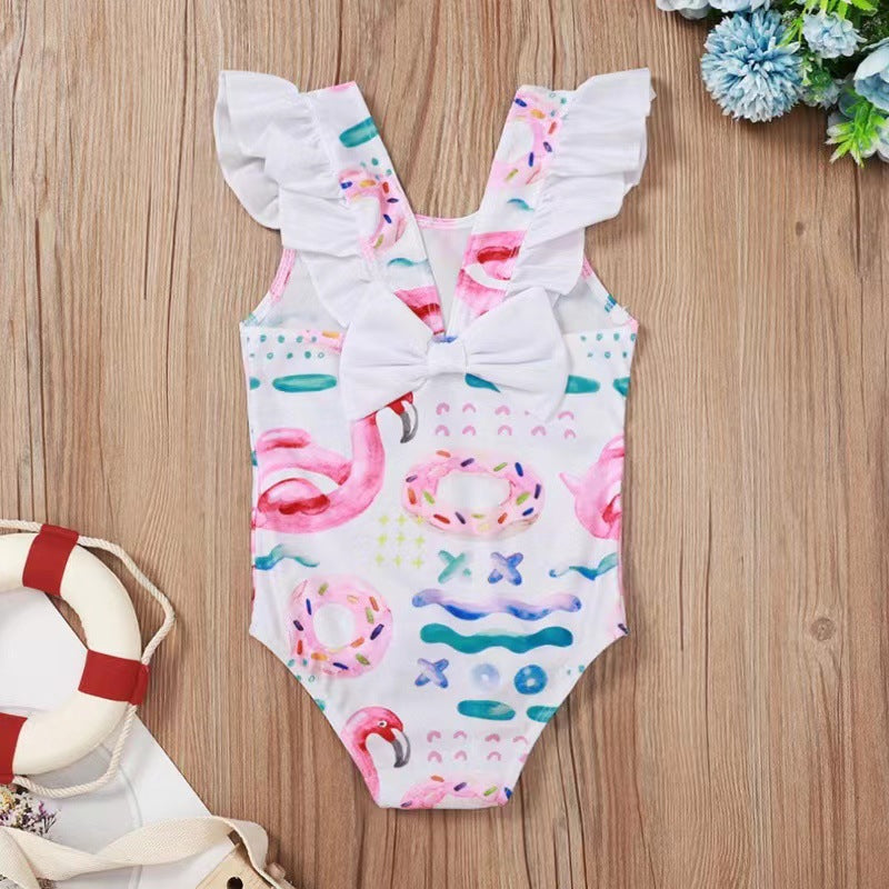 Baby Starfish and Shell Print One-piece Lotus Leaf Bow Swimsuit