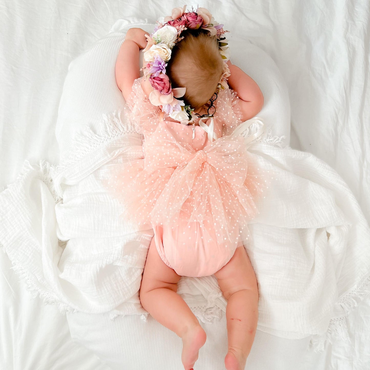 Swiss Dot Pink Rose Flower Fairy Baby Girl Tulle Party Romper