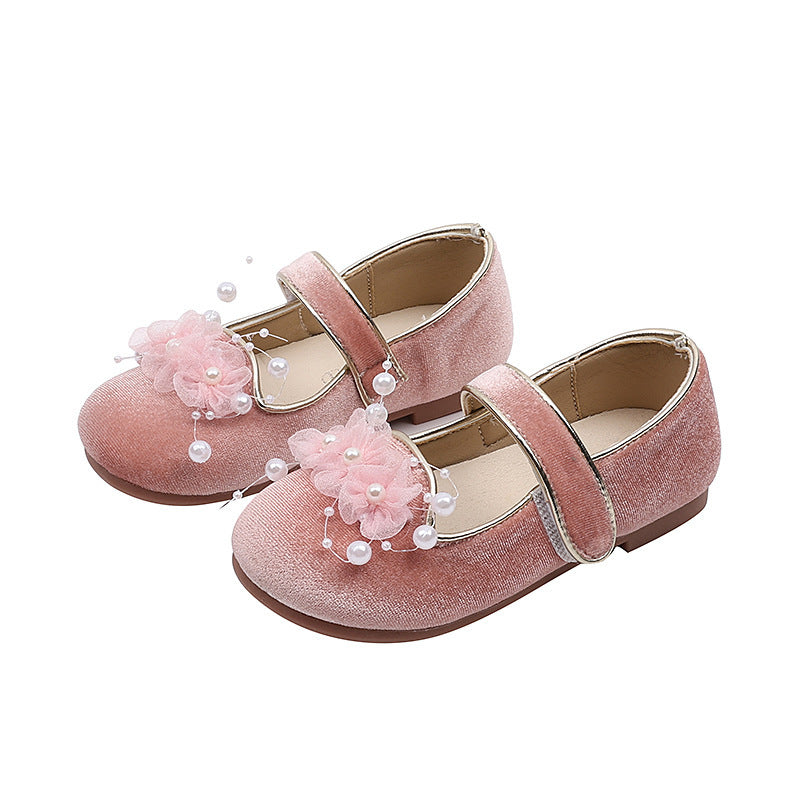 Girls Flower Pearl Princess Shoes Children's Velvet Leather Shoes