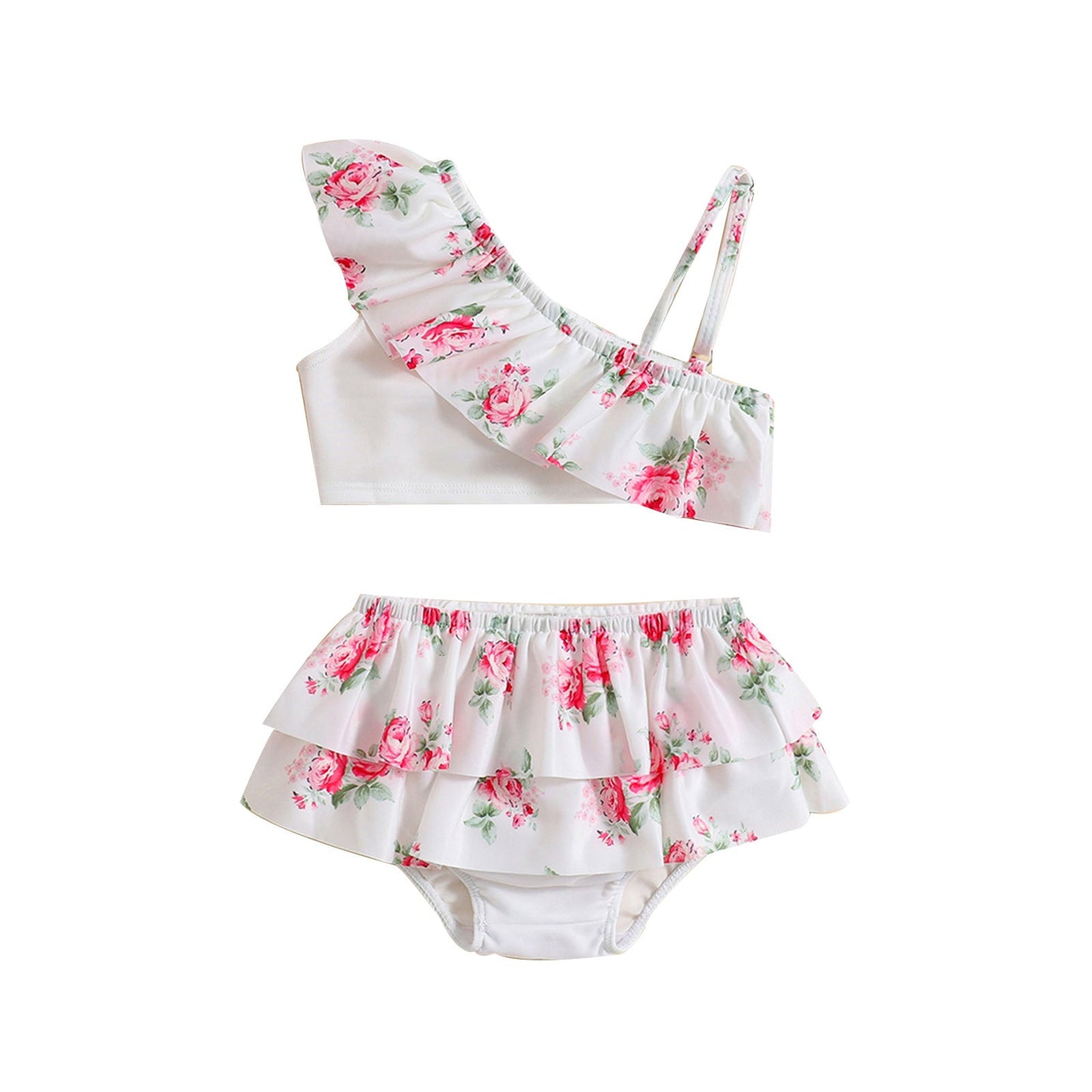 Baby Girls Flower Print One Shoulder Strap Swimsuit Two-Piece Set