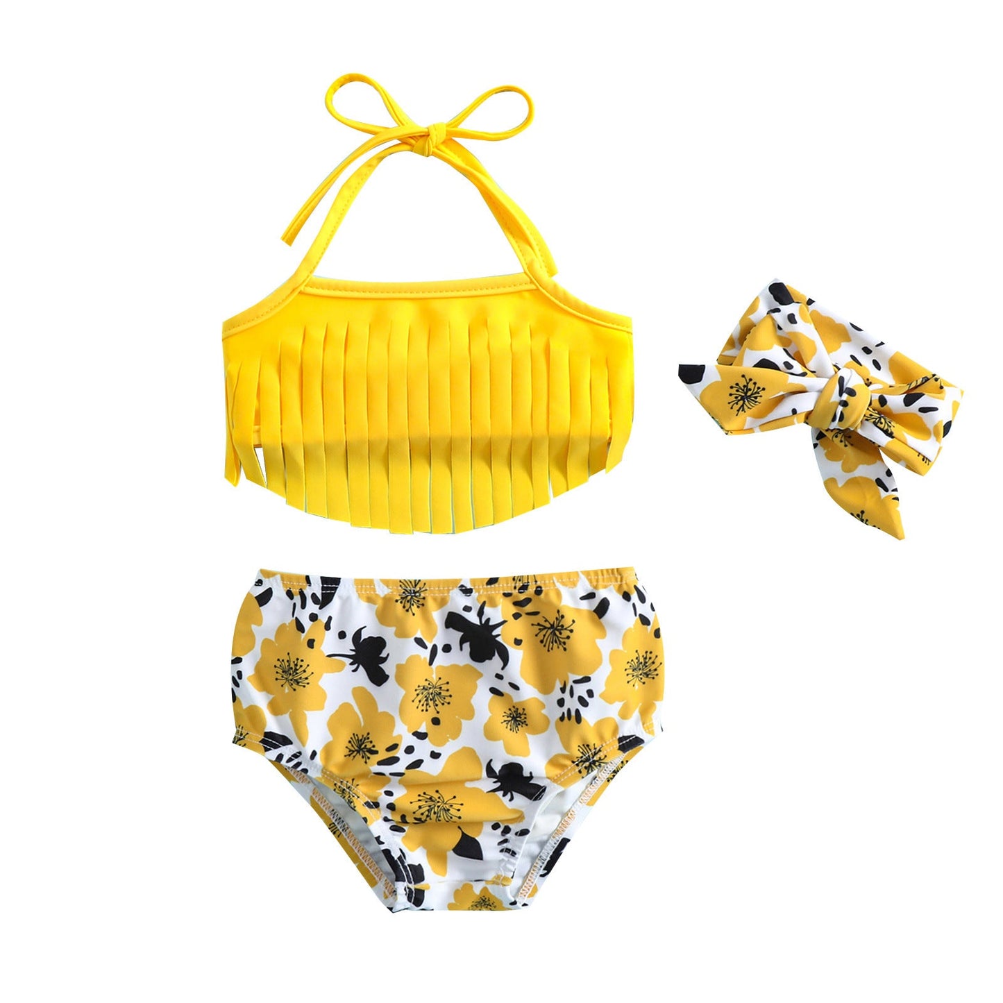 Girls Butterfly Flower Print Tassel Suspender Swimsuit