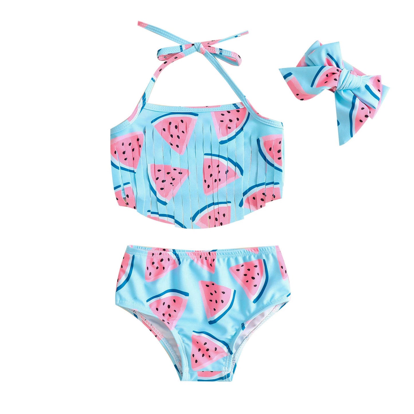 Children's Watermelon Print Swimsuit Girls Suspender Shorts Bowknot Three-piece Set