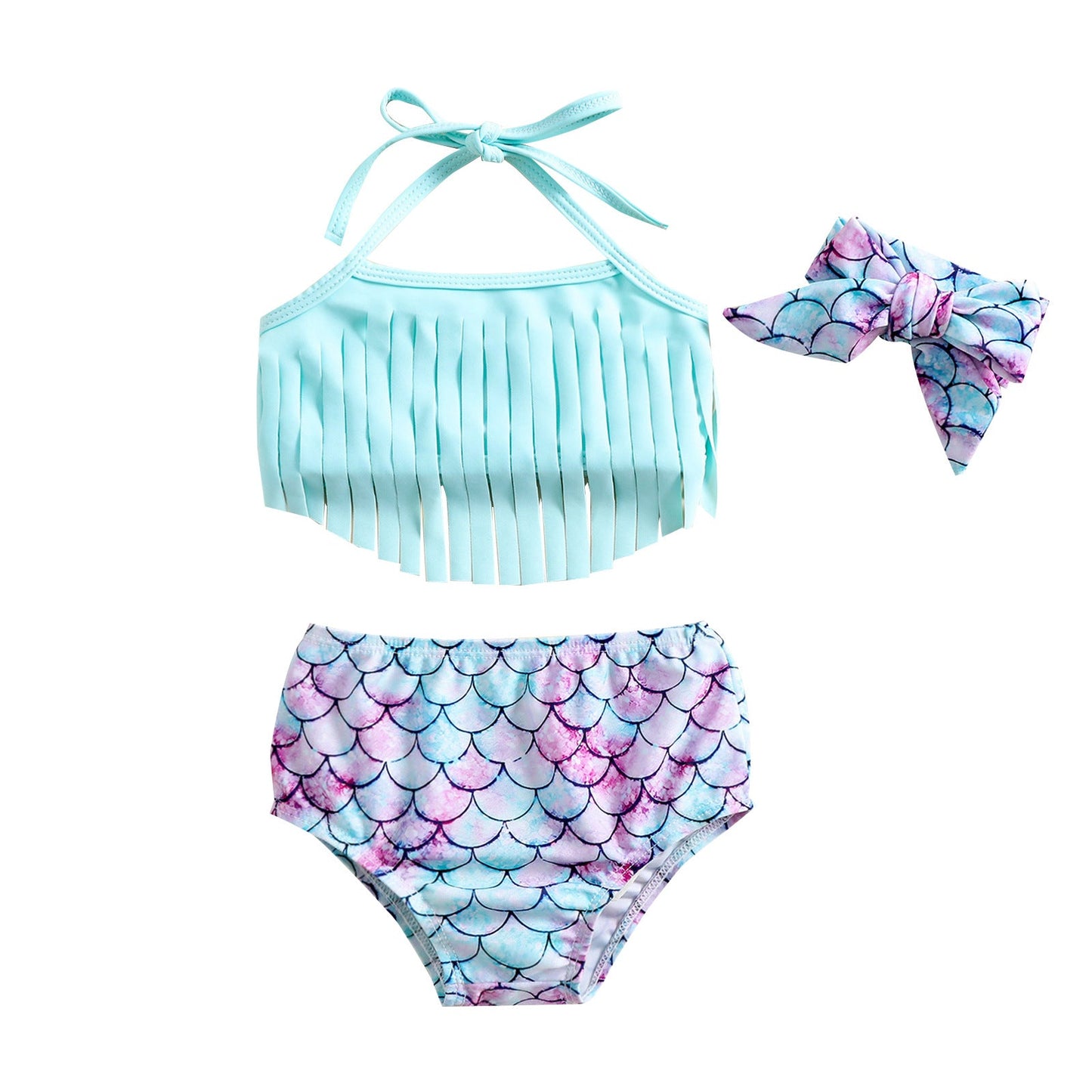 Girls Mermaid Swimsuit Tassels Girls Top Shorts Bow Tie Three-piece Set