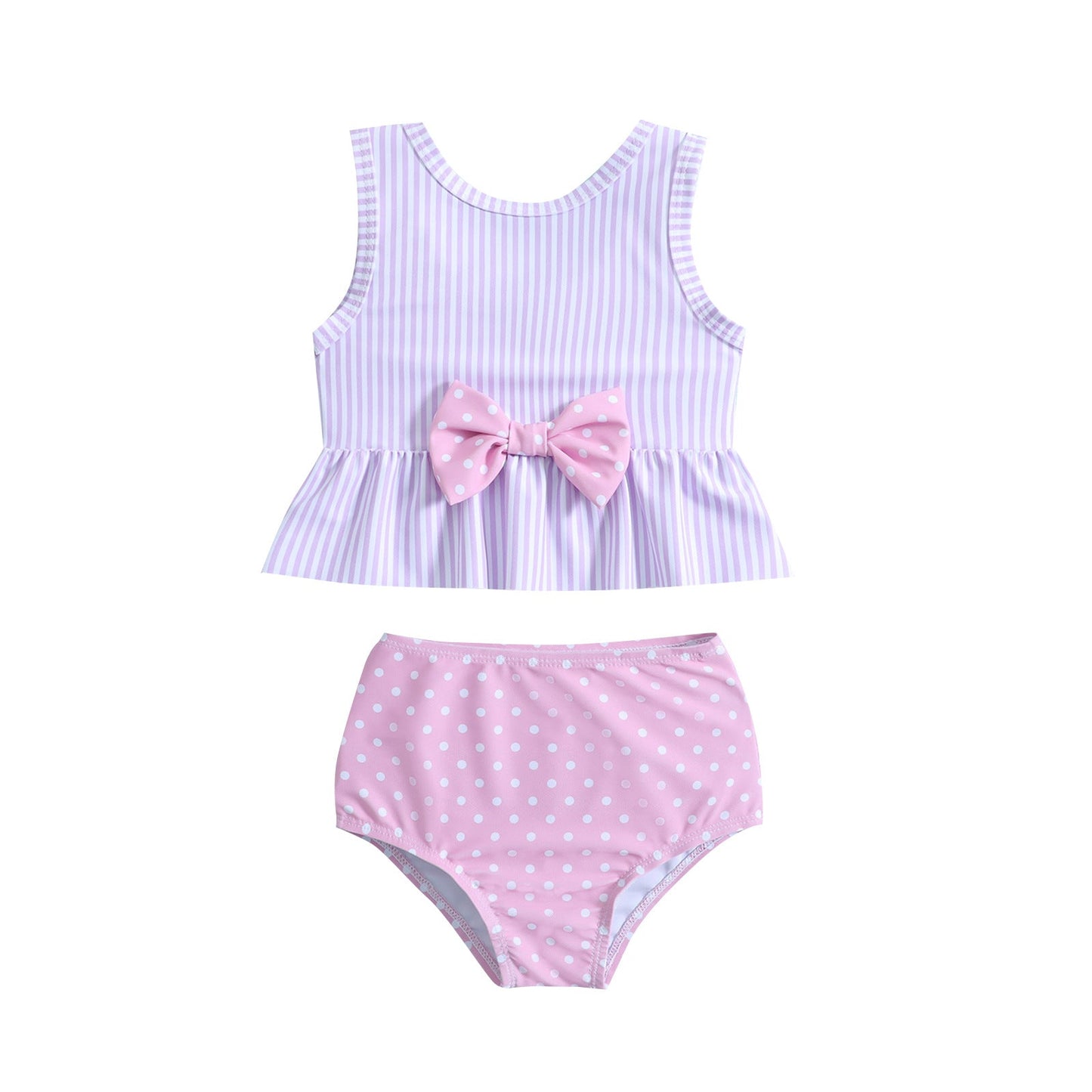 Cute Girls Striped Polka Dot Print Swimsuit Two-Piece Set