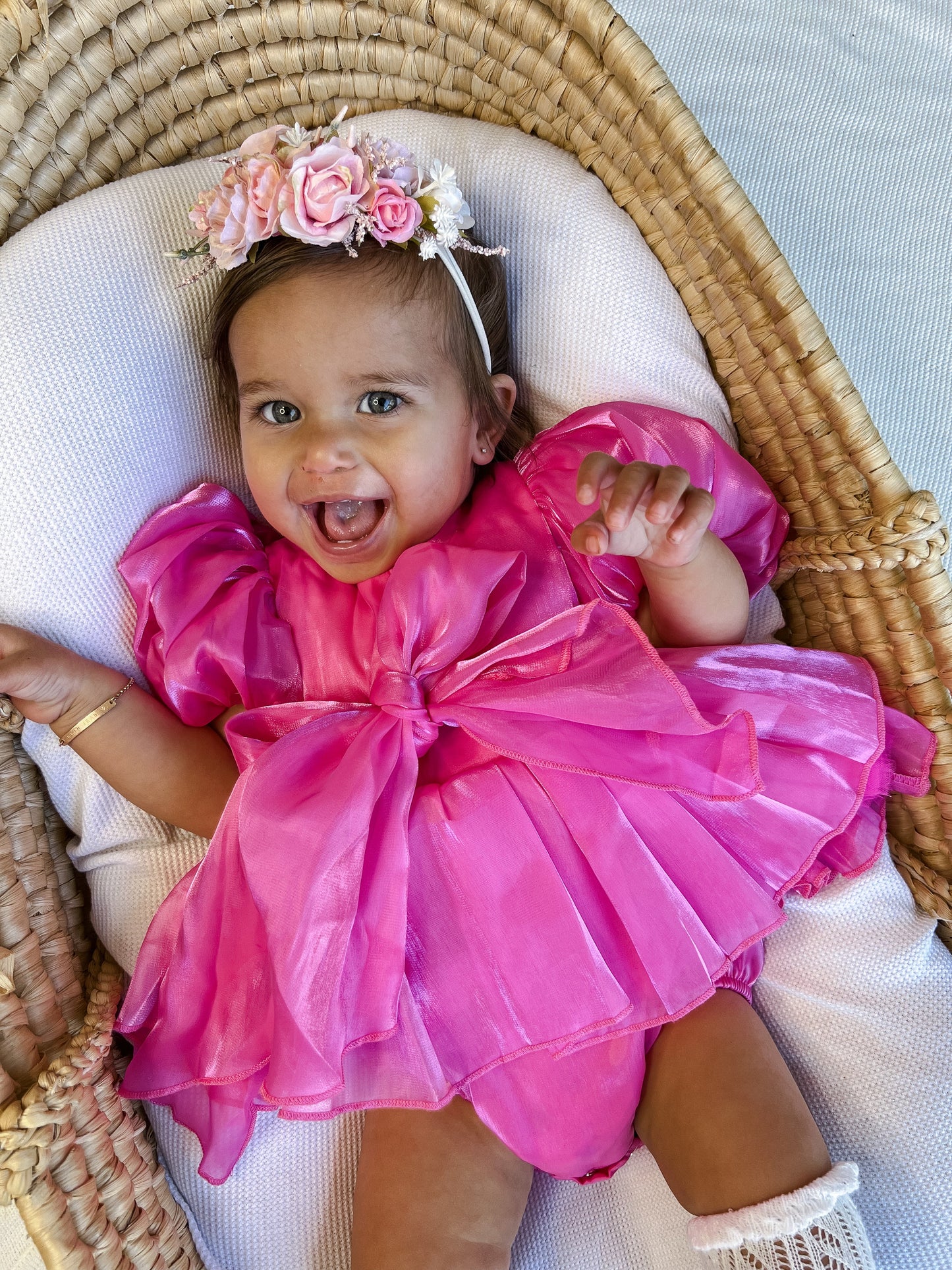 Dolly Fuchsia Pink Organza Baby Girl Party Romper