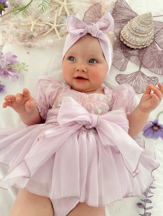Ariel Purple Pearl Organza Sequin Baby Girl Party Romper