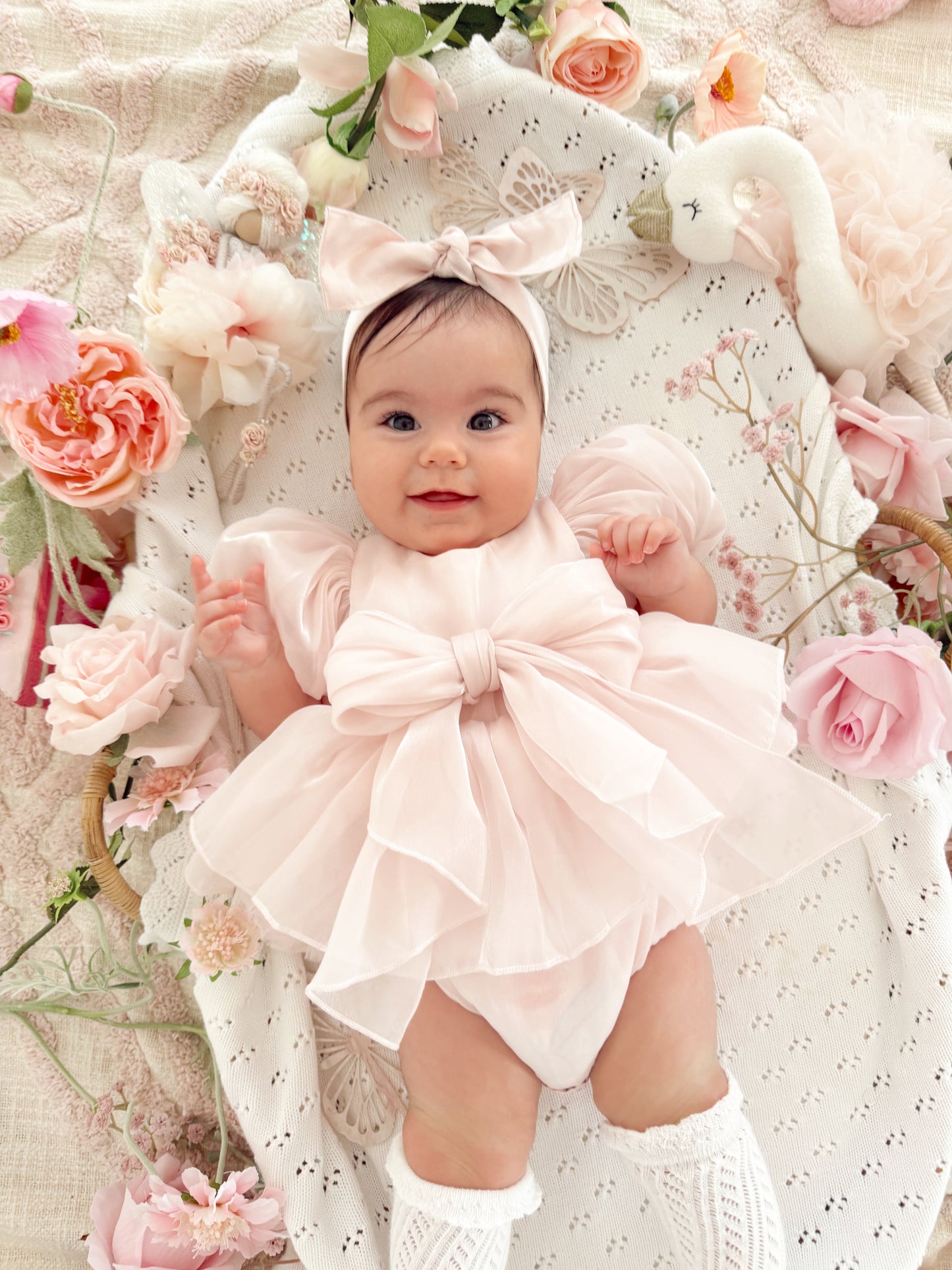 Scarlette Rose Petal Pink Organza Baby Girl Party Romper