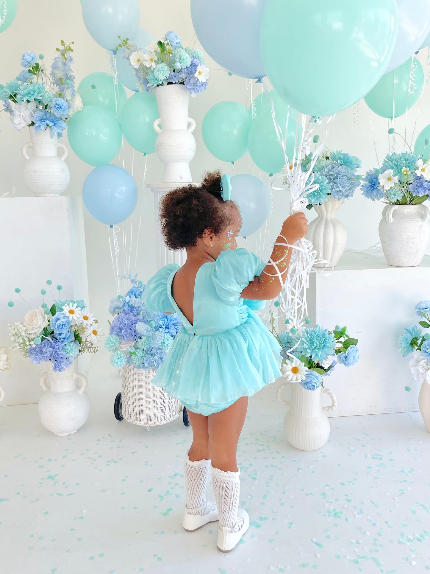 Dolly Turquoise Sky Organza Baby Girl Blue Party Romper