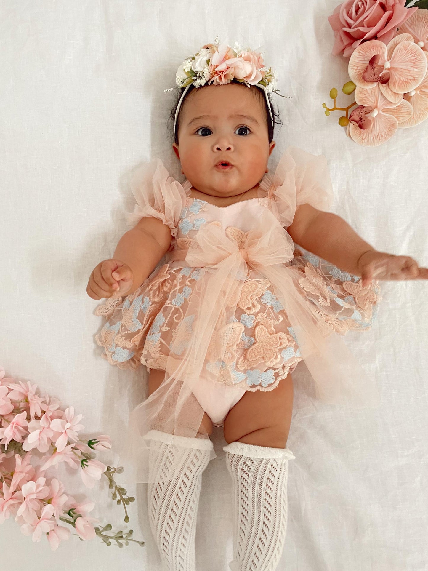 Butterfly Kisses Peach Rose Baby Girl Embroidered Tulle Party Romper