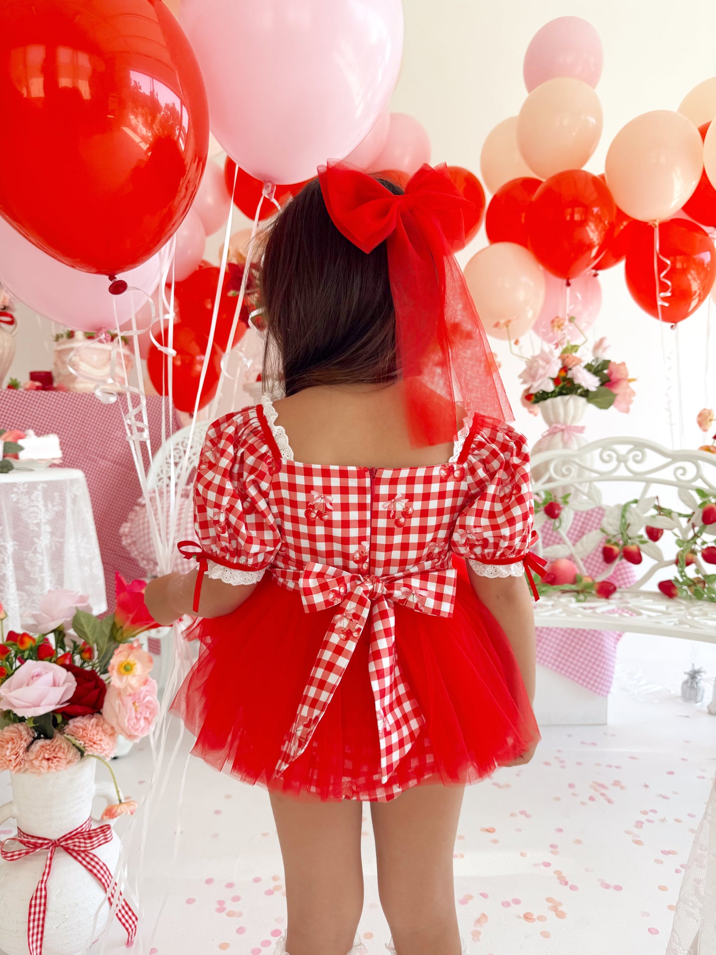 Cherry Lane Red Gingham Baby Girl Tulle Party Romper