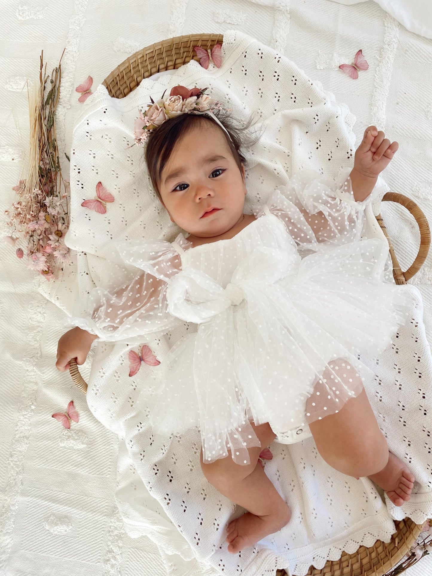 Swiss Dot Bloom White Baby Girl Tulle Romper