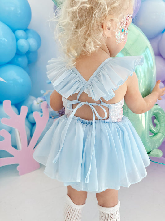 Ariel Ocean Blue Organza Sequin Baby Girl Party Romper