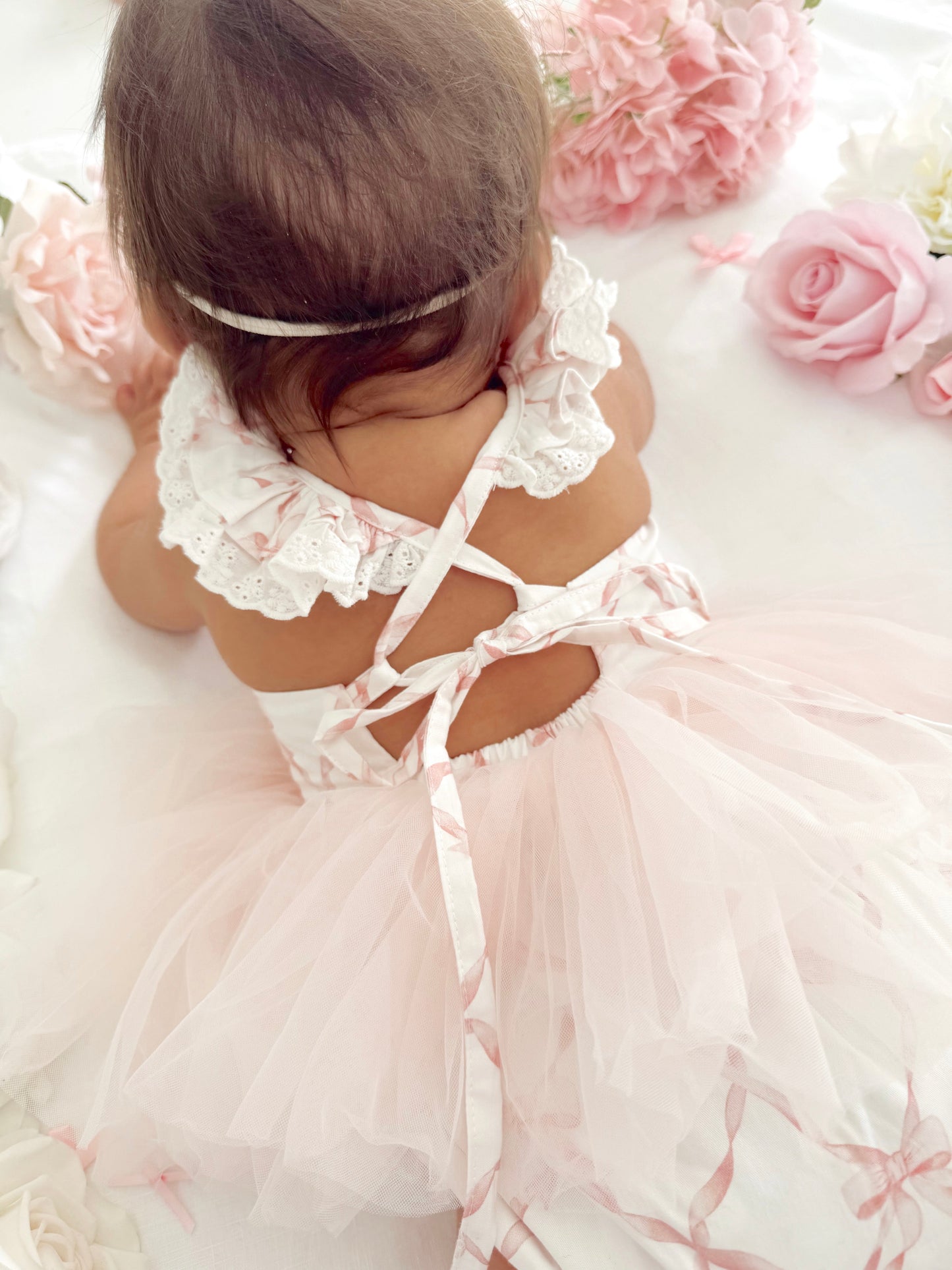 Rosette Pink Bow Baby Girl Tulle Party Romper