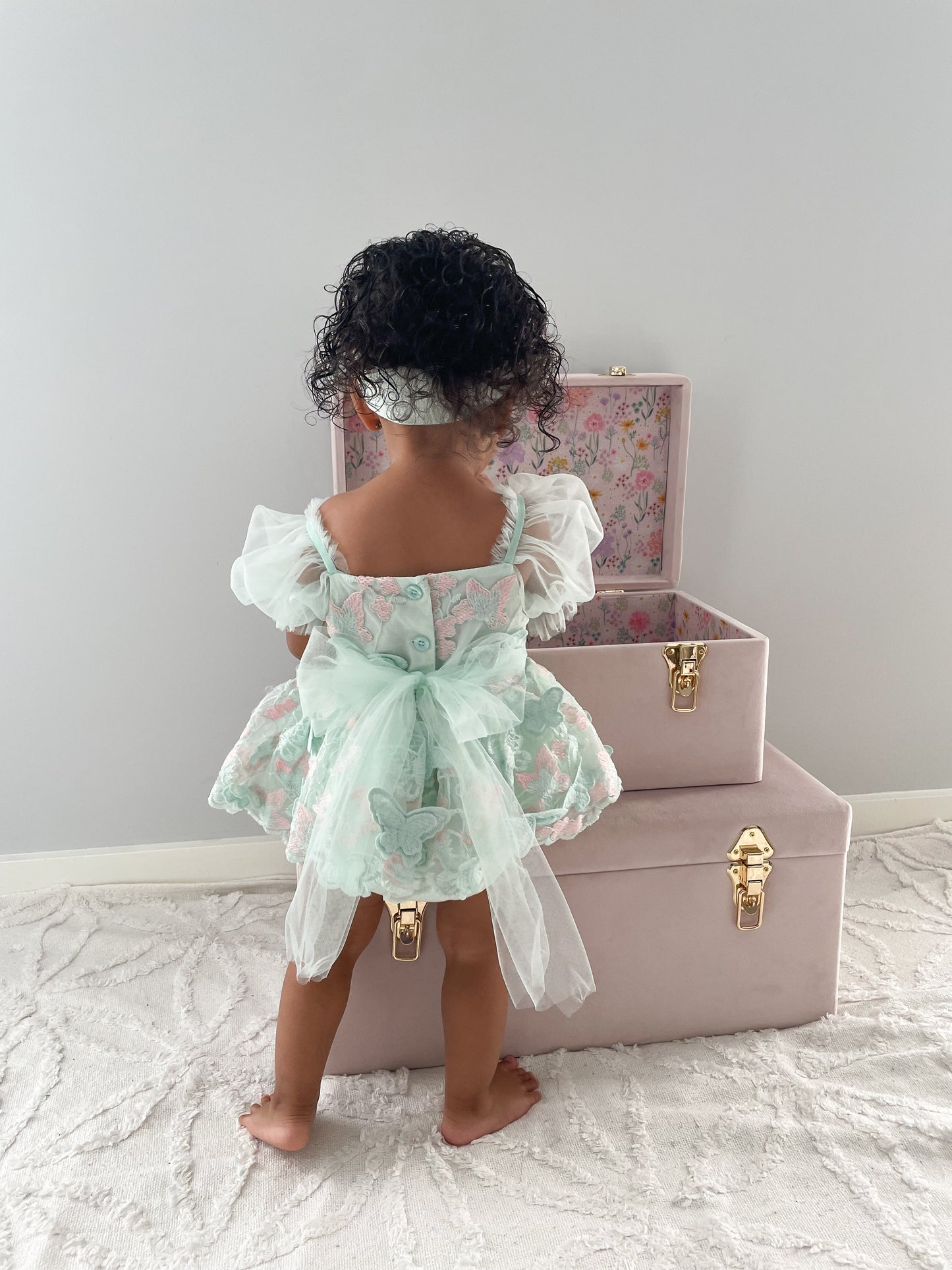 Butterfly Kisses Peppermint Pink Embroidered Baby Girl Tulle Party Romper