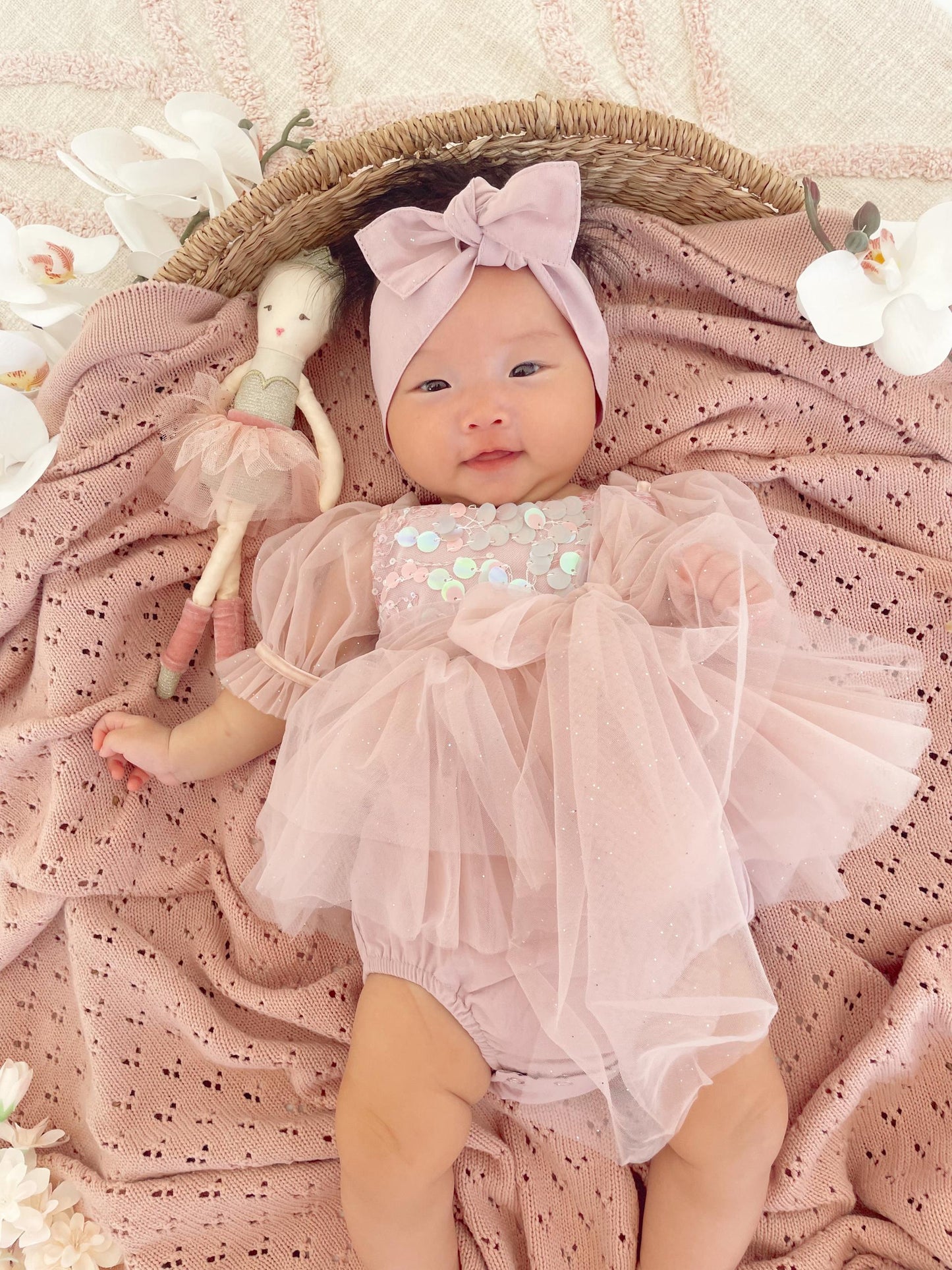Jewel Sequin Dusty Pink Sparkle Baby Girl Tulle Party Romper