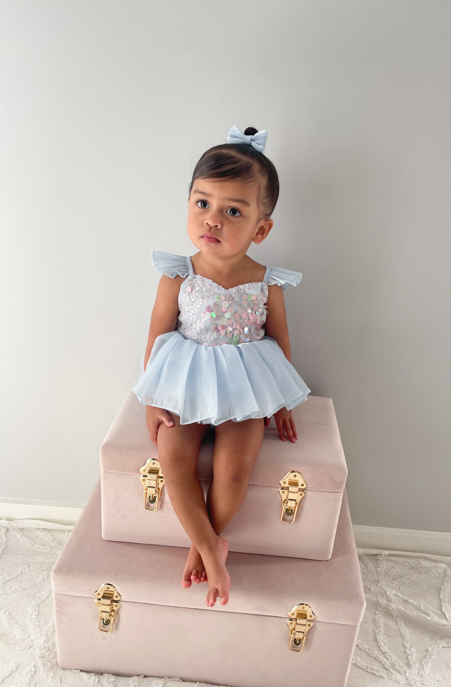 Ariel Ocean Blue Organza Sequin Baby Girl Party Romper