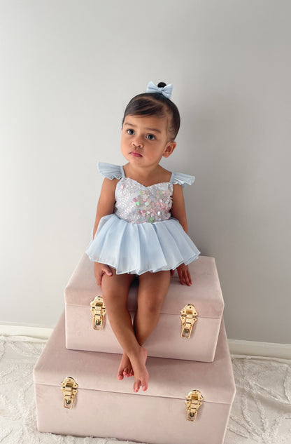 Ariel Ocean Blue Organza Sequin Baby Girl Party Romper
