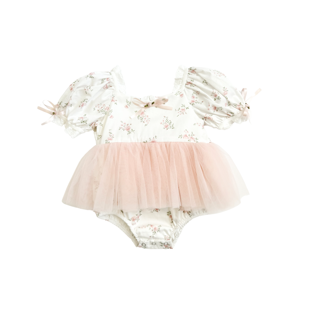 Odessa Flower Perfect Pink Floral Baby Girl Tulle Party Romper