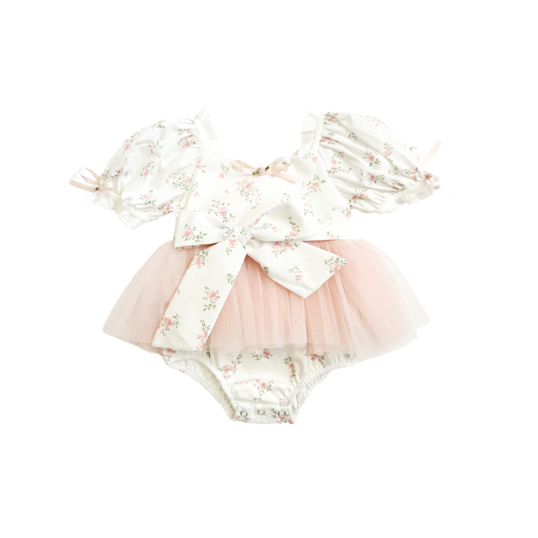 Odessa Flower Perfect Pink Floral Baby Girl Tulle Party Romper