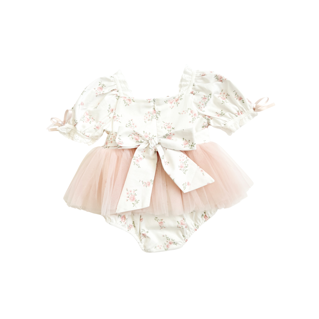 Odessa Flower Perfect Pink Floral Baby Girl Tulle Party Romper