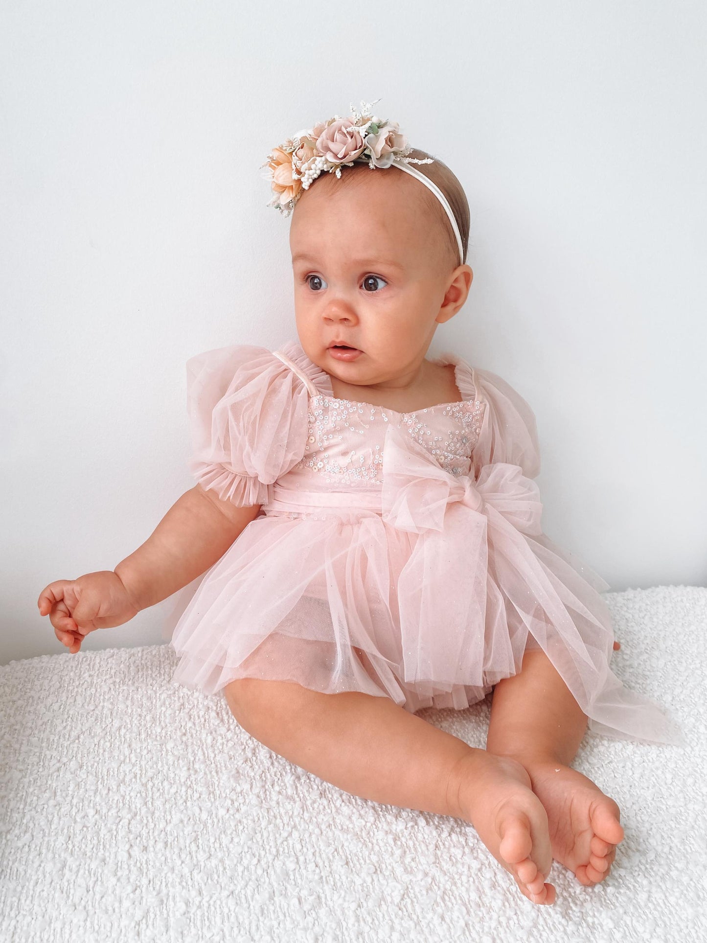 Jewel Sequin Pastel Pink Sparkle Baby Girl Tulle Party Romper