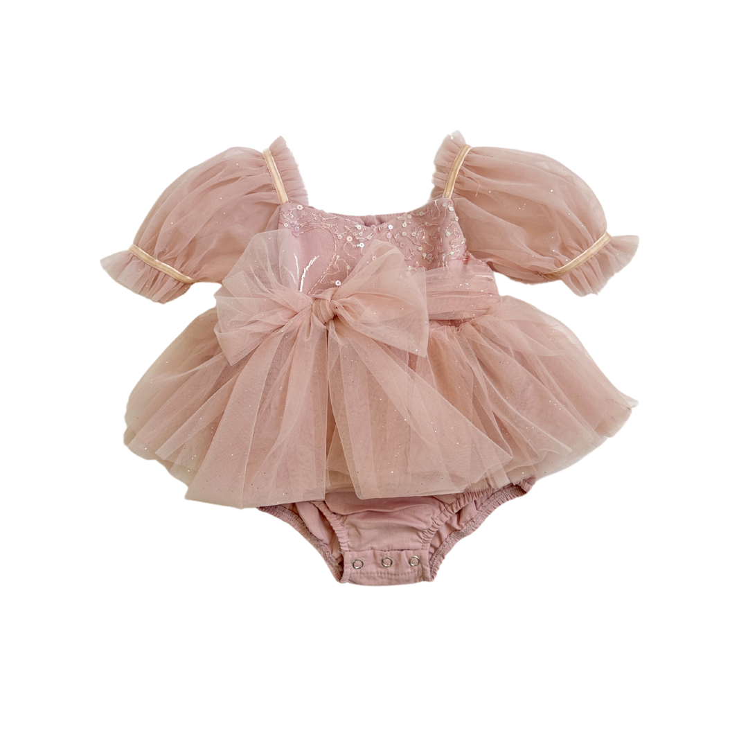 Jewel Sequin Dusty Pink Sparkle Baby Girl Tulle Party Romper
