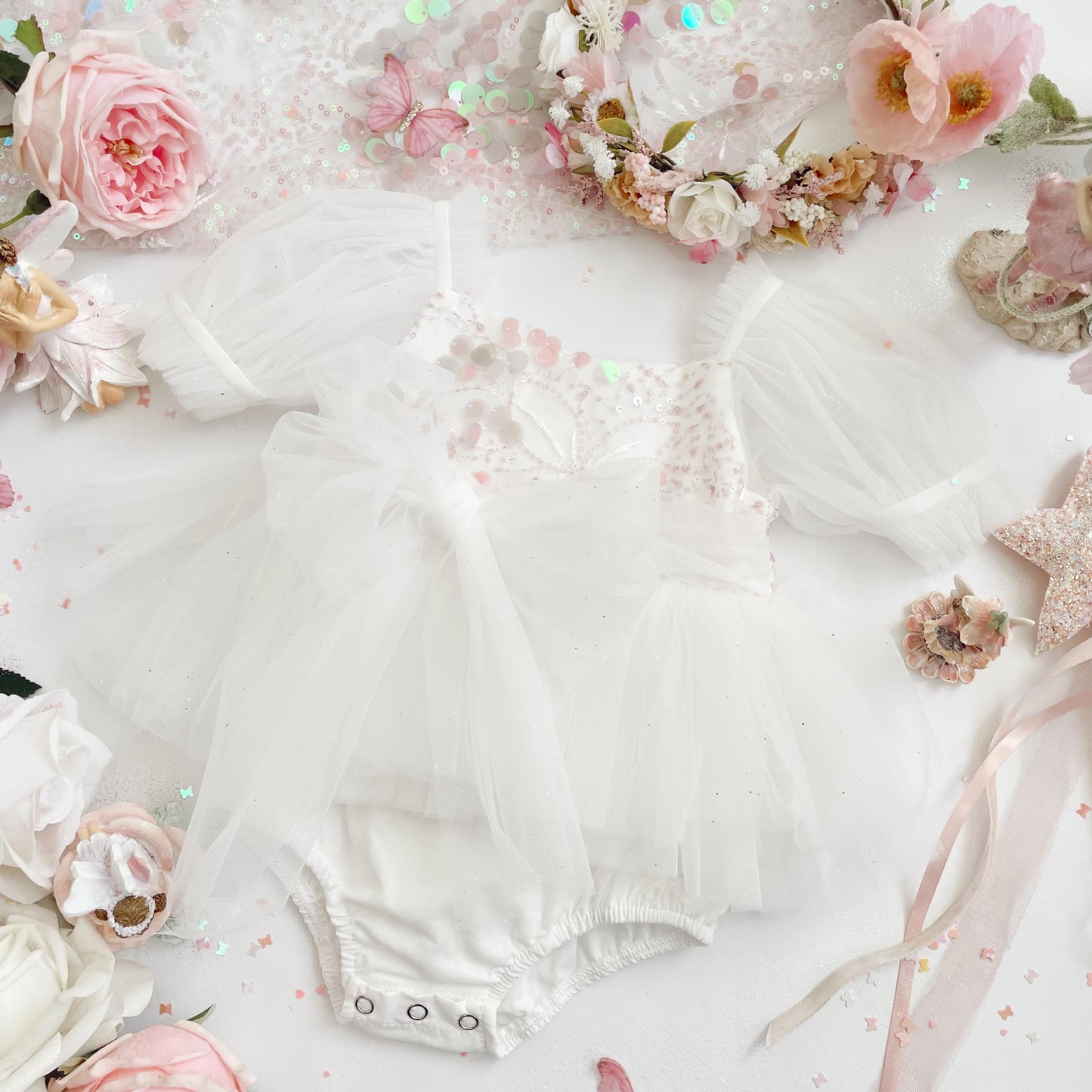 Jewel Sequin White Sparkle Baby Girl Tulle Party Romper