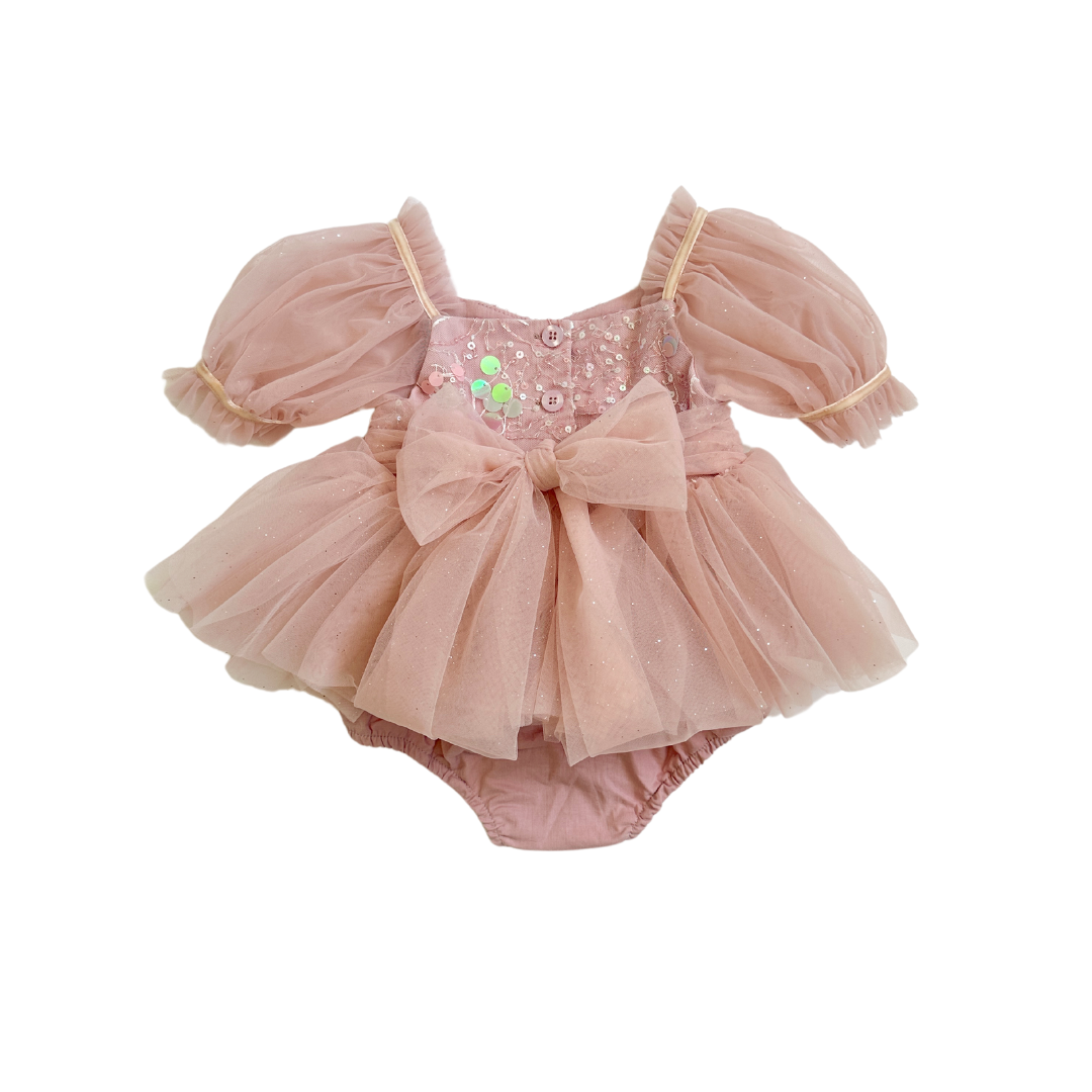 Jewel Sequin Dusty Pink Sparkle Baby Girl Tulle Party Romper