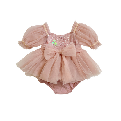 Jewel Sequin Dusty Pink Sparkle Baby Girl Tulle Party Romper