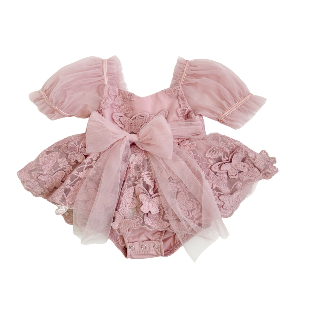 Butterfly Kisses Dusty Rose Pink Embroidered Baby Girl Party Romper