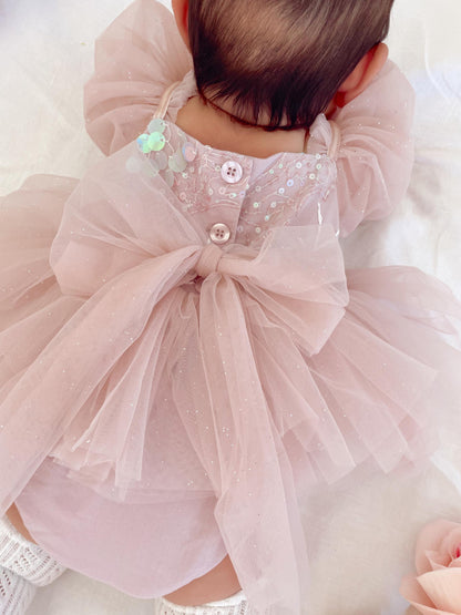 Jewel Sequin Dusty Pink Sparkle Baby Girl Tulle Party Romper