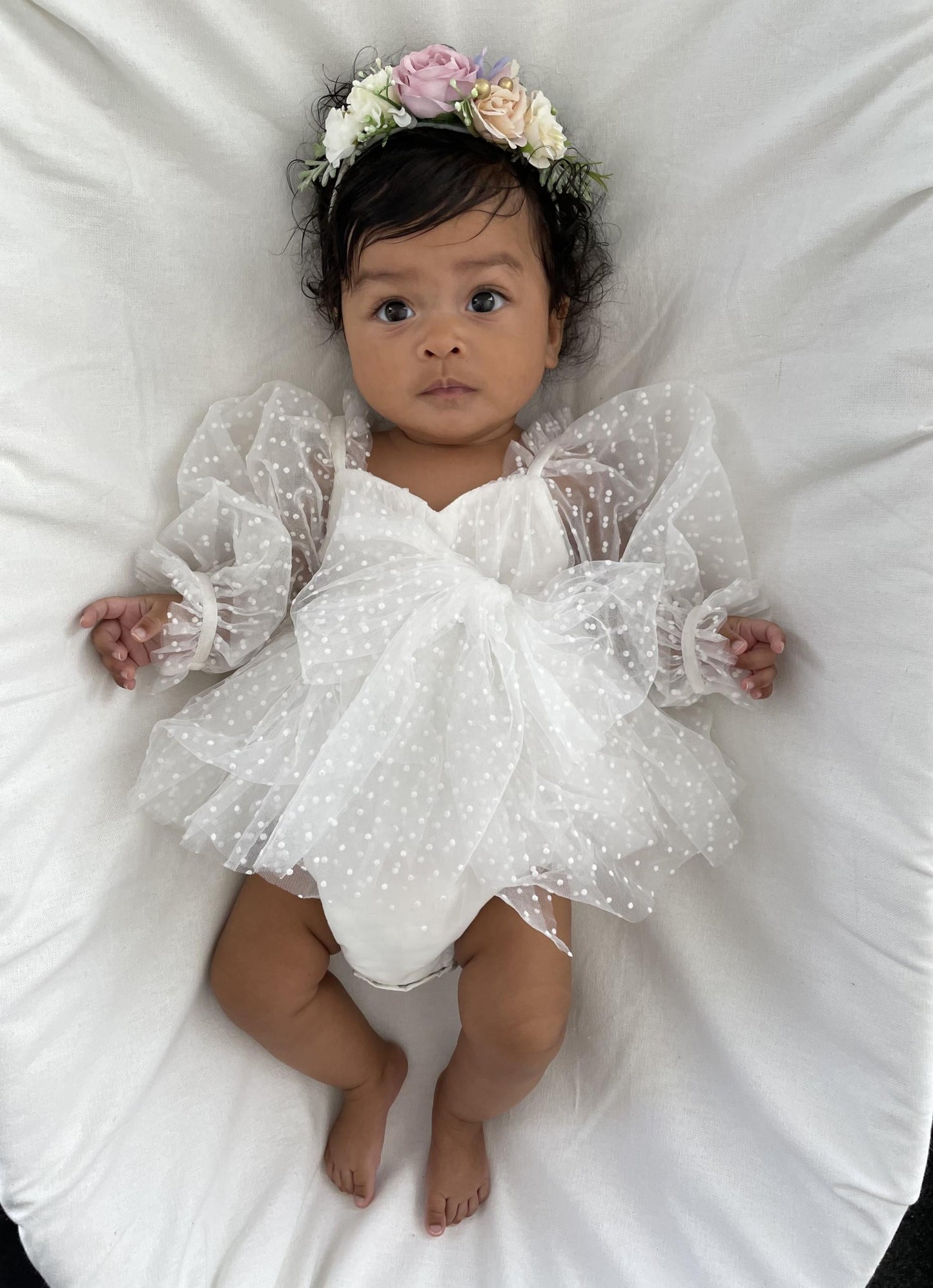 Swiss Dot Bloom White Baby Girl Tulle Romper