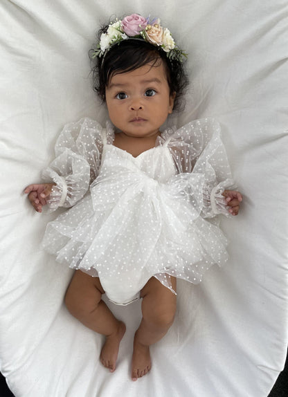 Swiss Dot Bloom White Baby Girl Tulle Romper