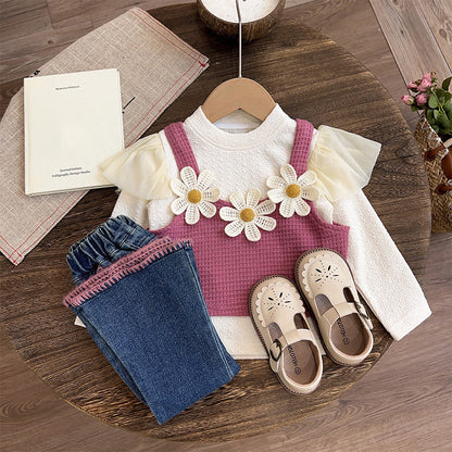 Girls Autumn School Outfit Girls Floral Vacation Outfit Three-Piece Set
