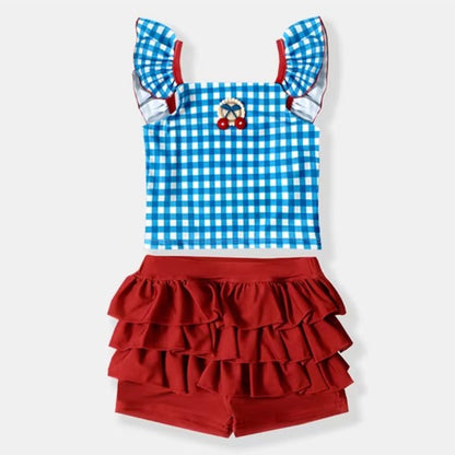 Girls' Summer Plaid Swimsuit Swim Trunks and Swim Cap Three-Piece Set