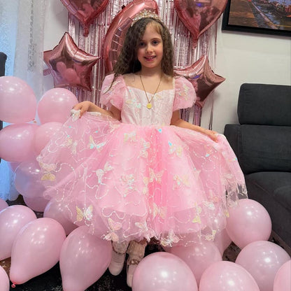 Girl Formal Princess Dress Baby Girl Pink Butterfly Sequins Birthday Party Dress