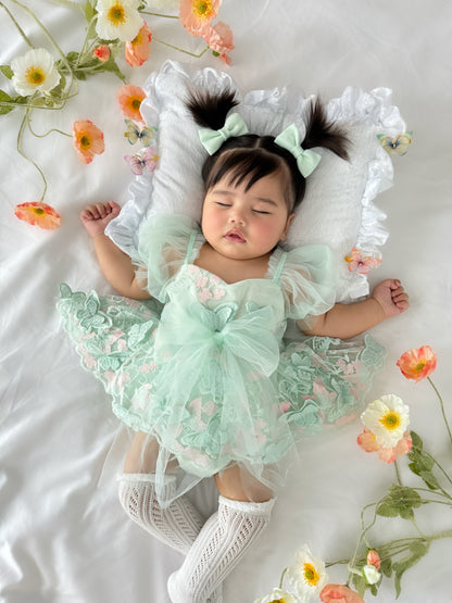 Butterfly Kisses Peppermint Pink Embroidered Baby Girl Tulle Party Romper