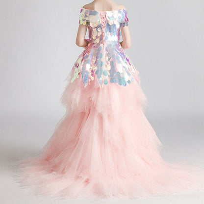 Girls Pageant Princess Dresses Baby Girl Pink Sequined Tail Ball Gowns
