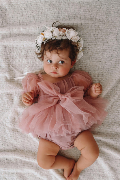Dusty Rose Flower Fairy Baby Girl Pink Tulle Romper