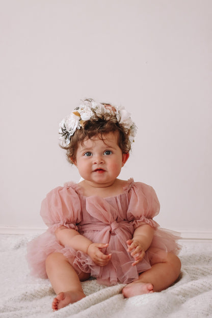 Dusty Rose Flower Fairy Baby Girl Pink Tulle Romper