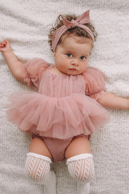 Dusty Rose Flower Fairy Baby Girl Pink Tulle Romper