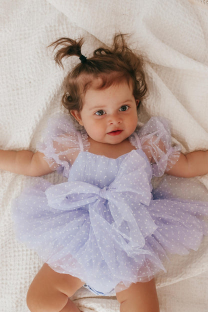 Swiss Dot Periwinkle Flower Fairy Baby Girl Tulle Party Romper