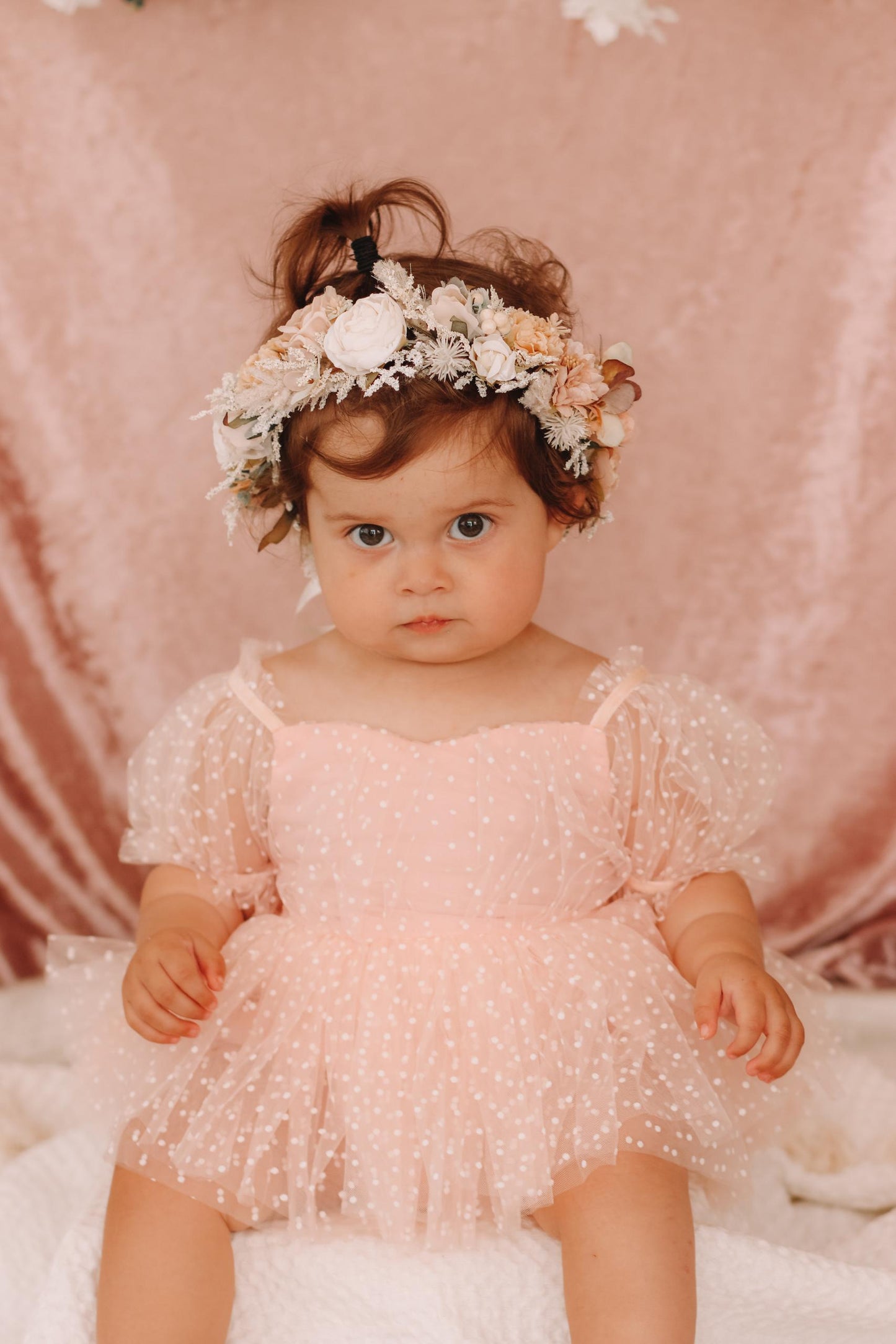Swiss Dot Pink Rose Flower Fairy Baby Girl Tulle Party Romper
