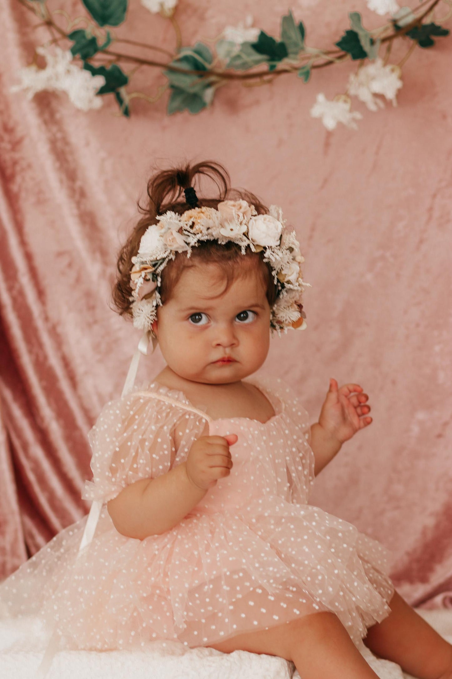 Swiss Dot Pink Rose Flower Fairy Baby Girl Tulle Party Romper