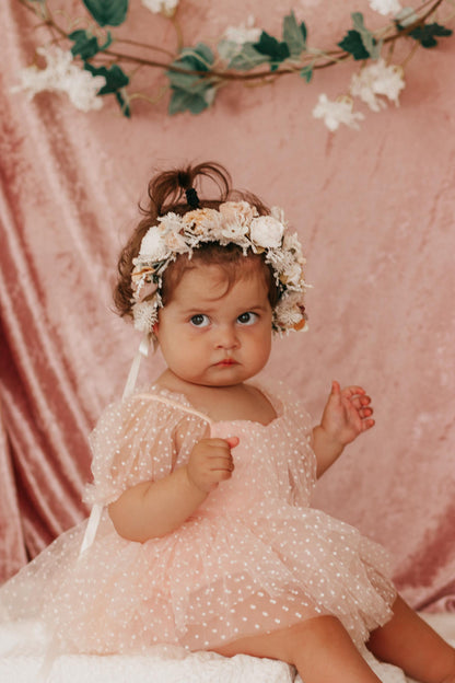 Swiss Dot Pink Rose Flower Fairy Baby Girl Tulle Party Romper