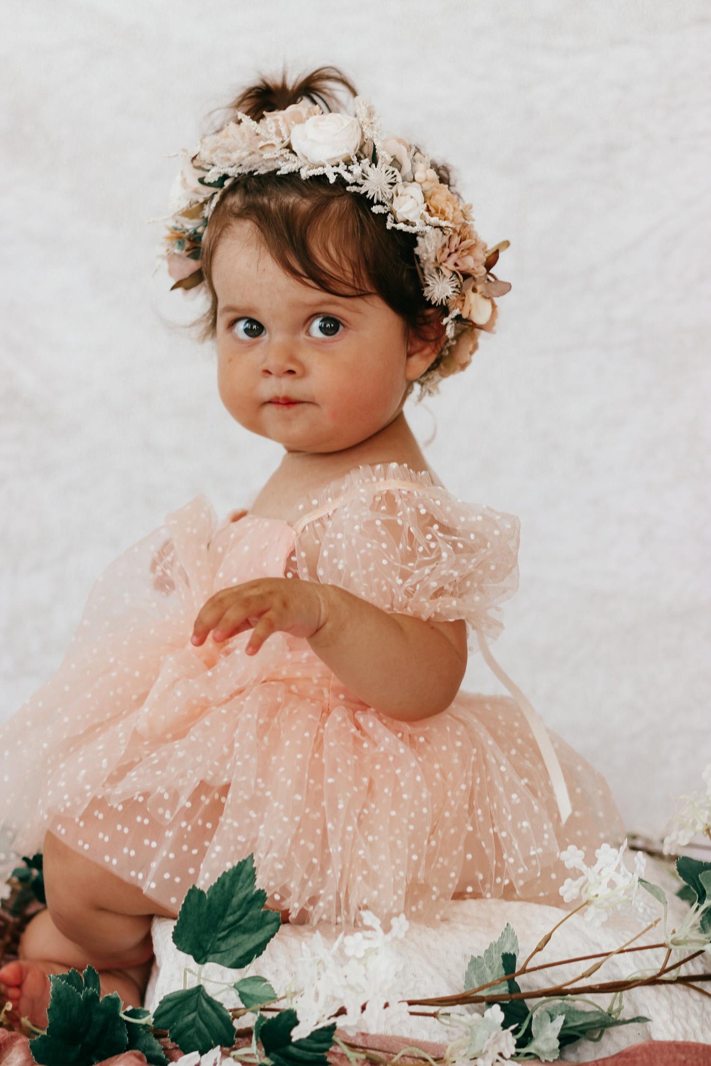 Swiss Dot Pink Rose Flower Fairy Baby Girl Tulle Party Romper