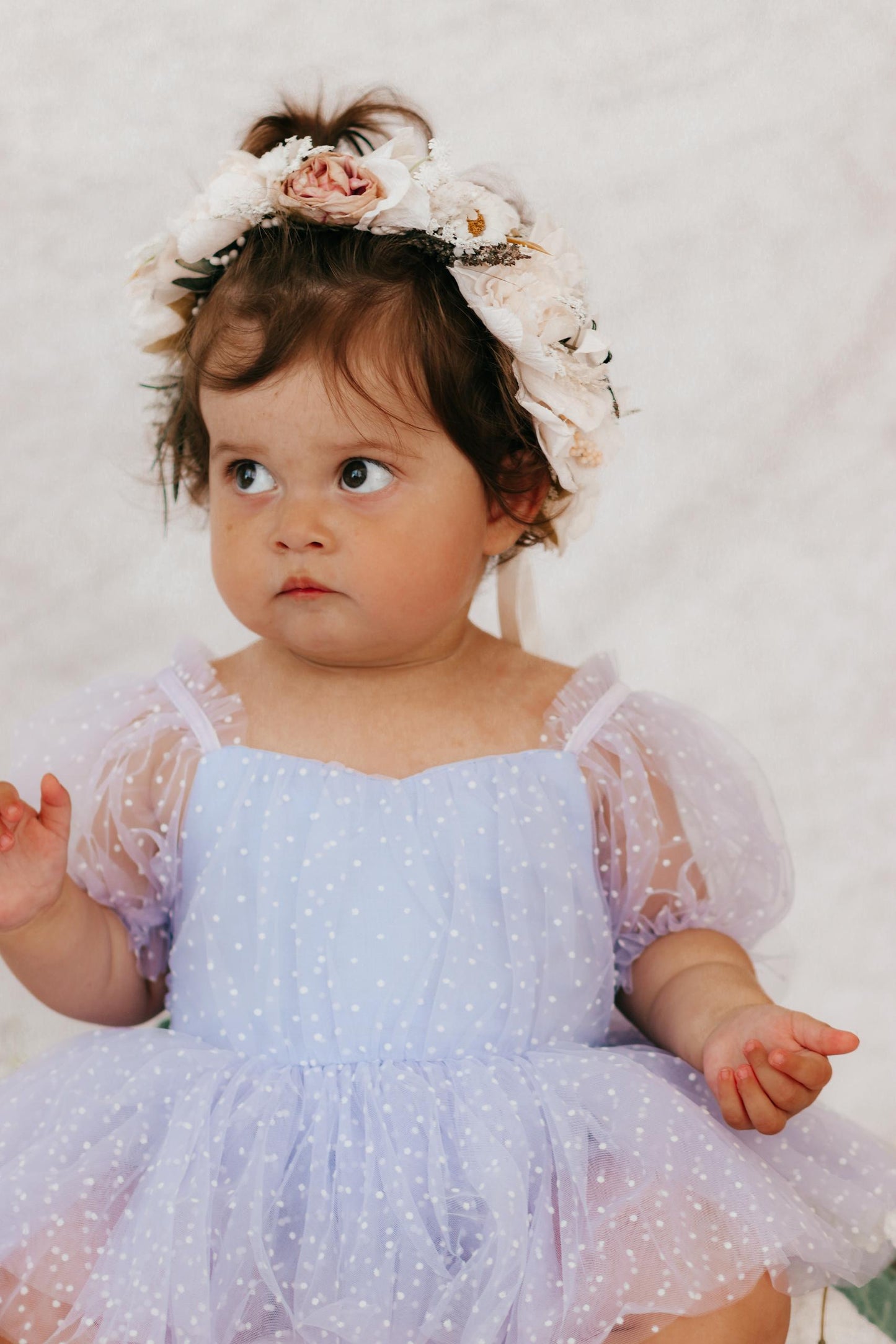 Swiss Dot Periwinkle Flower Fairy Baby Girl Tulle Party Romper