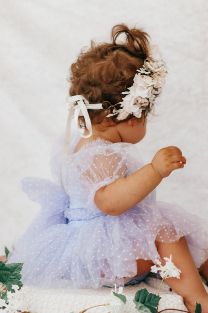 Swiss Dot Periwinkle Flower Fairy Baby Girl Tulle Party Romper