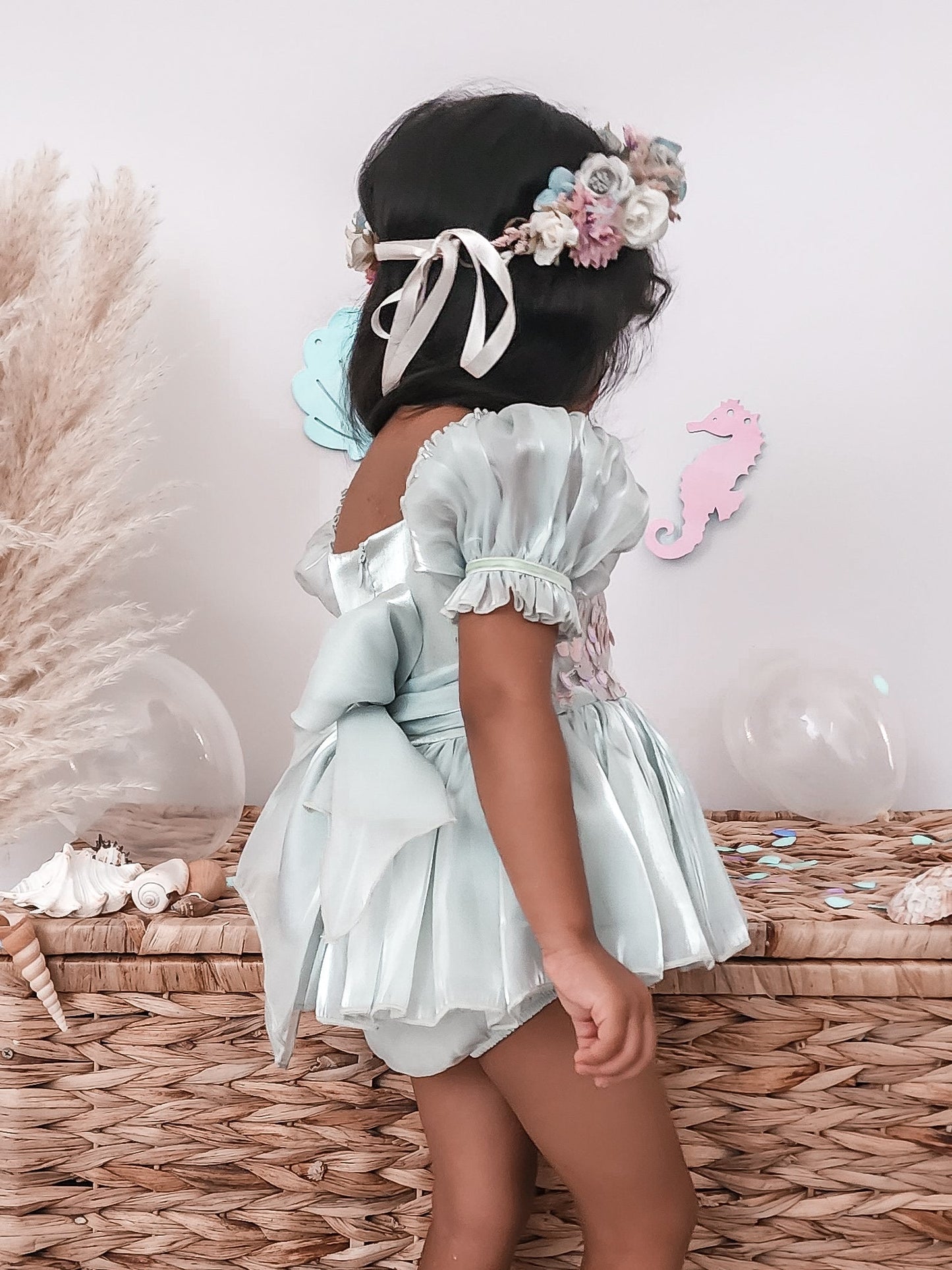 Mermaid Sequin Green Organza Baby Girl Party Romper