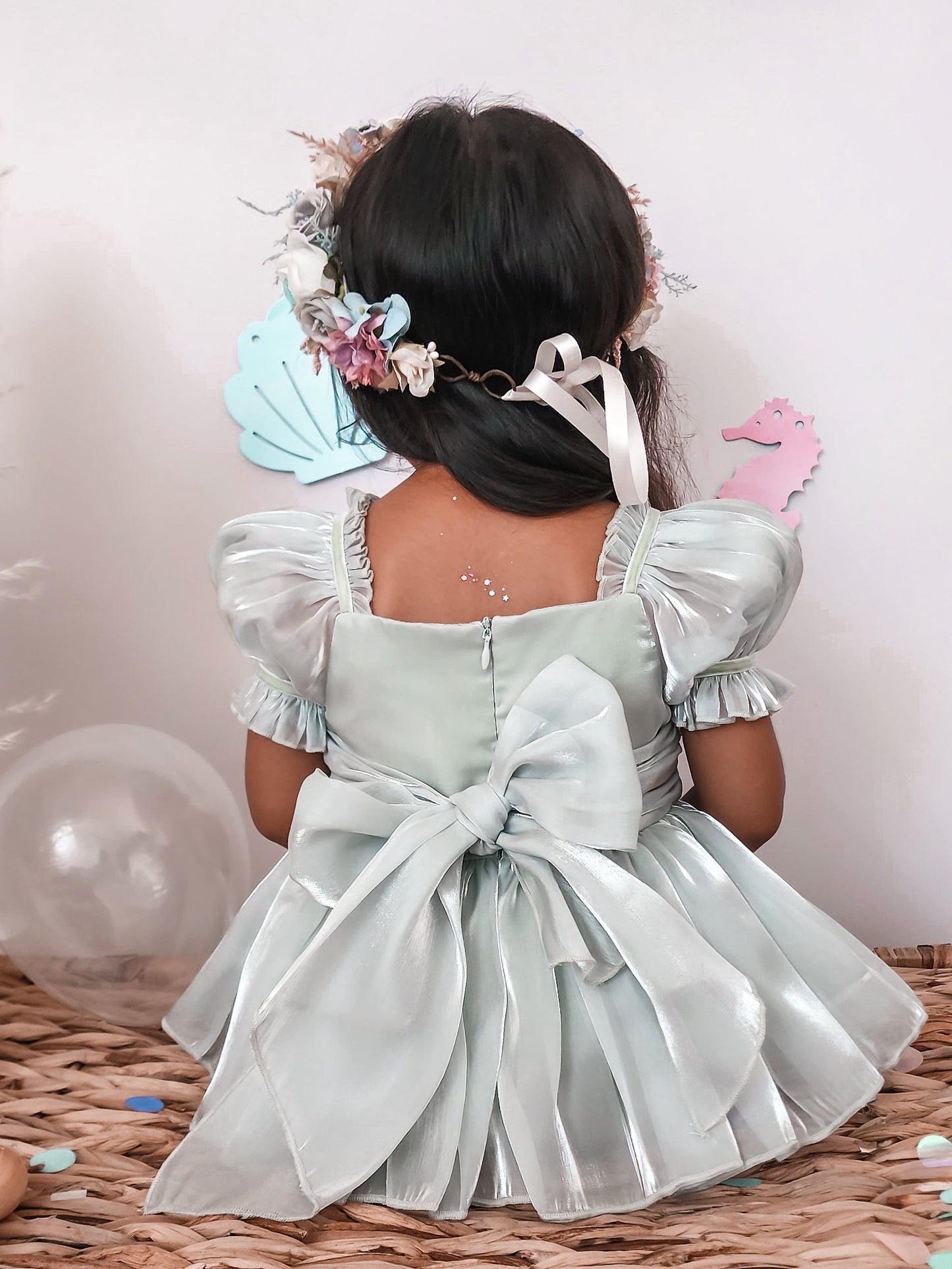 Mermaid Sequin Green Organza Baby Girl Party Romper